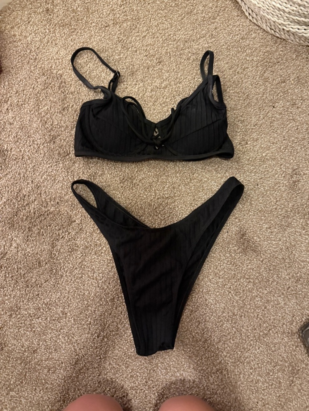SHEIN Black Ribbed Lace-Up Bikini Set
